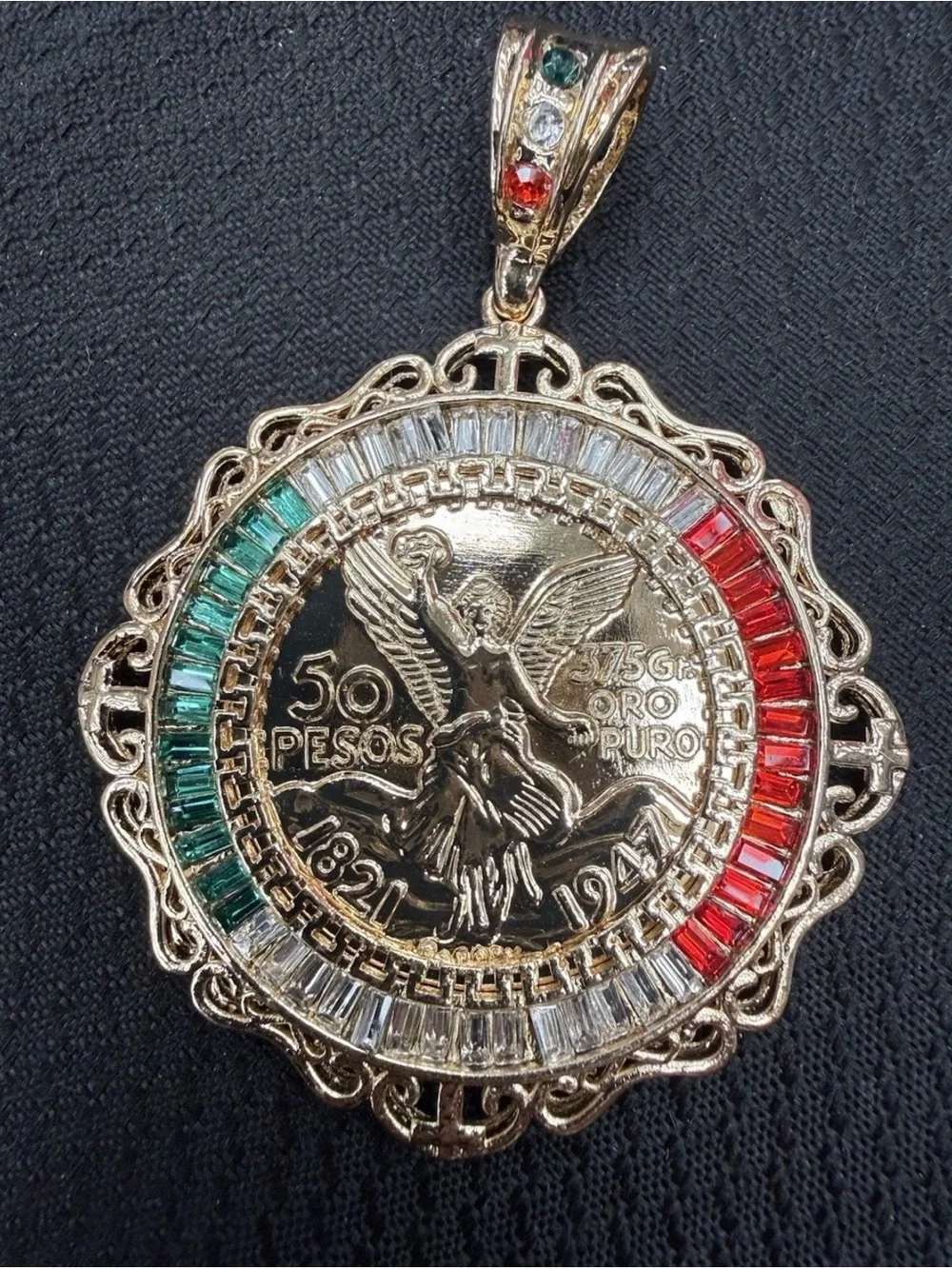 Gold-Tone Mexican 50 Pesos Coin Pendant with Red, White & Green Accents